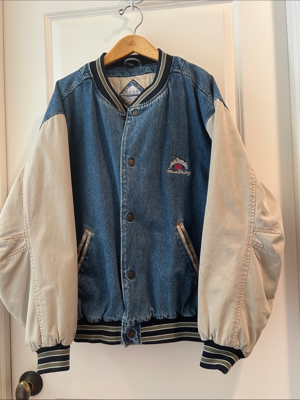 Jack Daniels Vintage Blue Denim & Cream Varsity Bomber Jacket embroidered size L